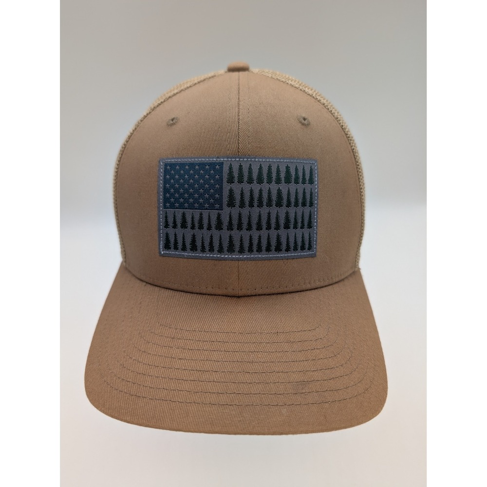 Columbia Mesh Tree Flag Trucker Hat Flexfit L/XL Tan‎ PFG American Flag
